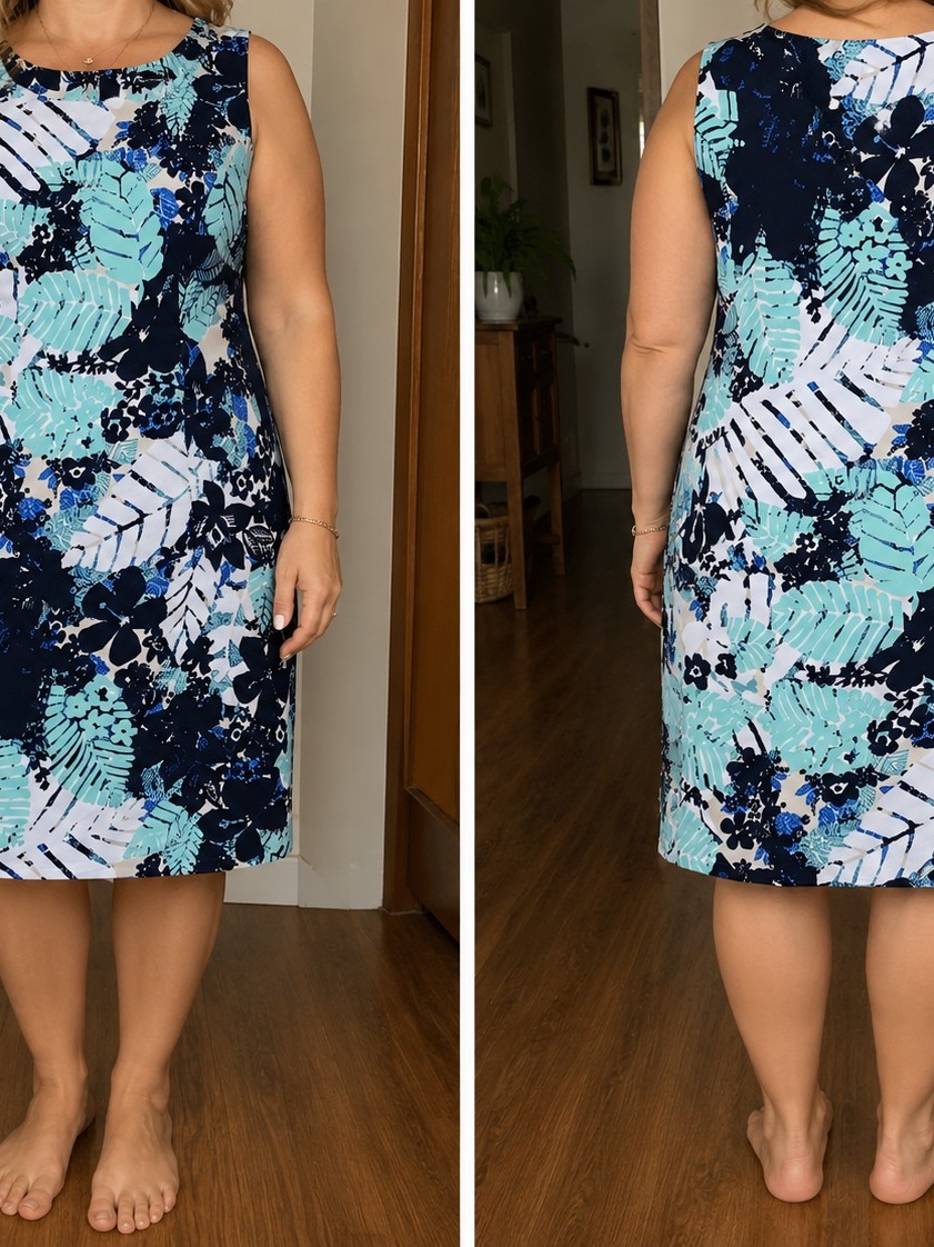 "Connected Apparel" Aqua & Navy Leaf-Print Midi Dress